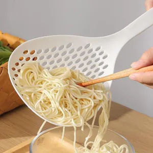 Large white heat-resistant strainer spoon for noodles with long handle kitchen tool