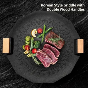 Octagonal non-stick Korean BBQ grill pan with wooden handles and carved patterns.