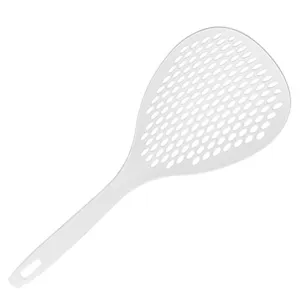 White large slotted spoon with long handle for kitchen use straining noodles and dumplings