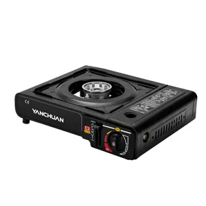 Black portable outdoor camping gas stove with electronic ignition and safety lock system