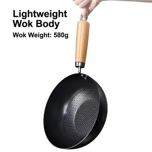 20cm mini Japanese style iron wok with wooden handle, lightweight and no coating