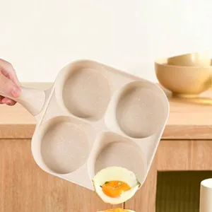 Poêle à œufs antiadhésive à 4 trous avec manche en grain de bois pour petit-déjeuner