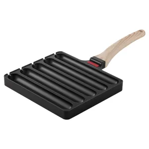 6-slot non-stick sausage grill pan with heat-resistant wooden handle for hot dogs
