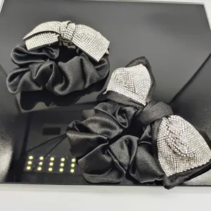 Chouchou nœud strass satin noir élégant pince à ressort brillante accessoire cheveux