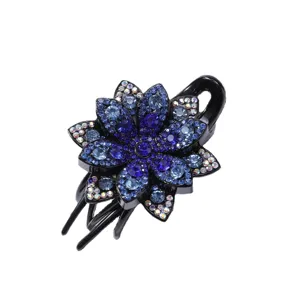 Grande pince à cheveux fleur strass cristal bleu pince requin accessoire élégant femme