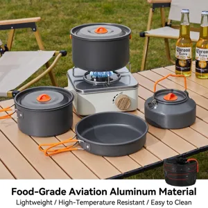 Portable Aluminum Alloy Camping Cookware Set Outdoor Pot Pan Kettle With Folding Handle For Picnic Hiking Backpacking Survival Cooking Gear