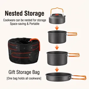 Portable 4-piece camping cookware set with nesting design and mesh storage bag