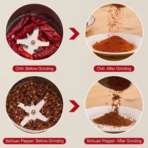 Compact electric grinder showing before and after grinding results of spices