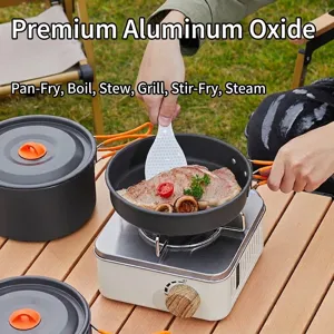 Portable outdoor camping cookware set including non-stick frying pan and aluminum pot
