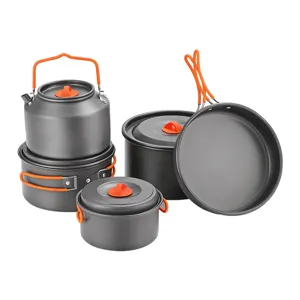 Portable 4-piece outdoor camping cookware set with kettle and pots in gray and orange finish