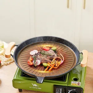 Padella per grill barbecue coreana antiaderente in pietra Maifanshi con manici in legno