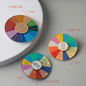 Detailed close-up of colorful enamel wheel spinner pins, creative alloy badges showcasing fine craft.