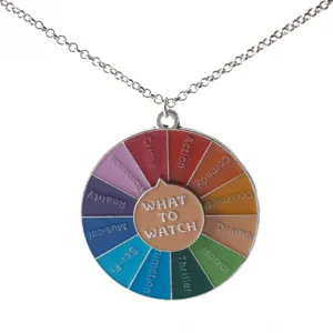 Fun alloy necklace with a colorful rotating movie genre wheel pendant for indecisive film lovers.