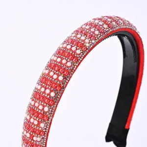 Cerchietto perle strass rossi, elegante fascia per capelli larga donna ragazza uso quotidiano.