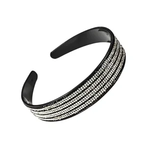 Serre-tête strass cristal noir avec dents antidérapantes large anneau de cheveux de mode.