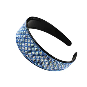 Serre-tête large en strass bleu étincelant pour femmes, cerceau à cheveux élégant avec dents.
