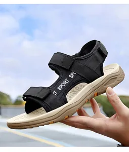 Close-up detail view of men's outdoor sport sandal featuring durable straps and thick sole.