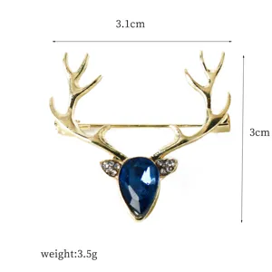 Spilla testa di cervo dorata con strass cristallo blu, elegante corsage da abito 3.1x3cm