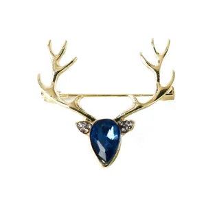 Spilla con corna di cervo dorate cristallo blu strass elegante gioiello da giacca moda