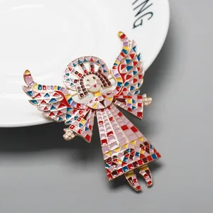 Colorful painted angel girl alloy brooch badge, creative mosaic style fashion jewelry item.