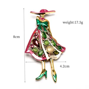 Vintage elegant lady brooch with colorful rhinestones, alloy fashion corsage accessory 8cm.