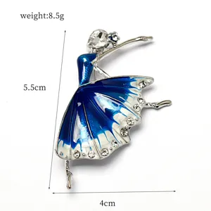 Elegant blue enamel ballerina girl brooch featuring sparkling rhinestones and detailed dimensions.