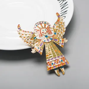 Enamel angel girl brooch alloy badge, creative colorful mosaic winged pin for women and kids.