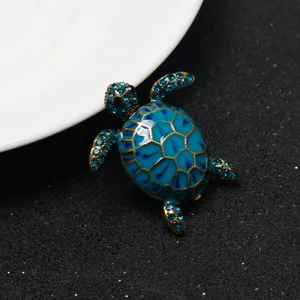 Blue sea turtle brooch detail shot, rhinestone alloy marine animal pin for bags and clothes accessories