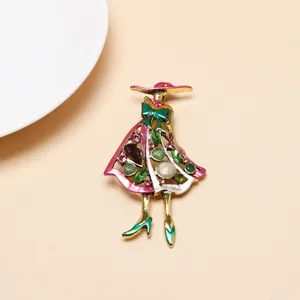 Elegant ballet girl brooch detailed shot, gold tone alloy with colorful crystal rhinestones.