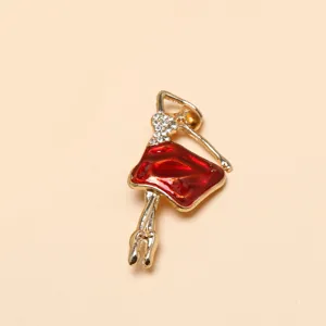 Elegant ballet dancer brooch featuring red enamel dress and sparkling rhinestones for women.