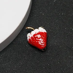 Creative strawberry enamel pendant charm, cute red white design with gold stem for DIY jewelry.