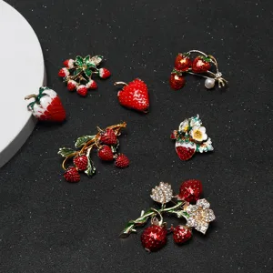 Cute strawberry brooch pin set, crystal rhinestone enamel floral corsage fashion accessory.