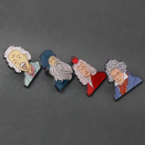 Gedetailleerde close-up van cartoon historische wetenschappers emaille reversspelden set.