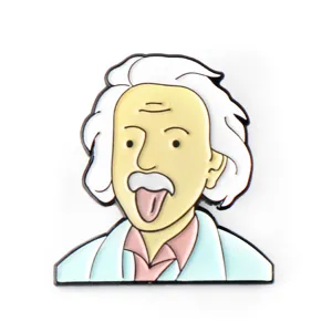 Close-up detail van Einstein cartoon tekenfilm karakter geemailleerde speld gladde afwerking.