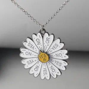 Detailed shot of alloy decision necklace with rotating daisy pendant and yes no options