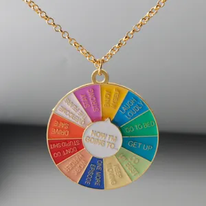 Close-up of the colorful spinning decision wheel pendant, creative alloy necklace detail shot.
