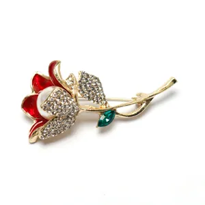 Red rose brooch with sparkling rhinestones, enamel petals and pearl, elegant fashion jewelry.