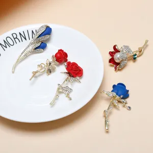 Detailed close-up shot of exquisite rhinestone rose brooch pins in elegant multi-color designs.