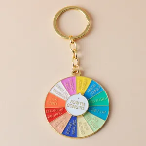Detailed shot of the colorful metal decision wheel keychain showing vibrant enamel segments.