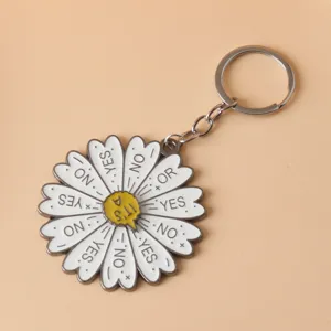Detailed view of alloy indecision daisy rotatable keychain, fun bag charm and pendant.