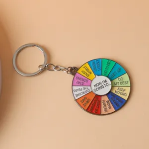 Detailed view of the fun rainbow decision wheel metal keychain, creative gift item.