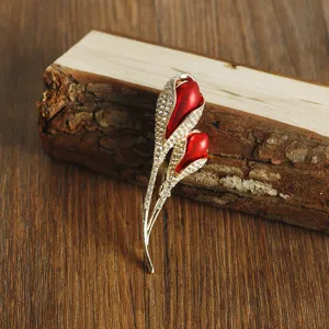 Exquisite rhinestone red rose brooch detail, elegant metal flower pin for daily chic outfits.
