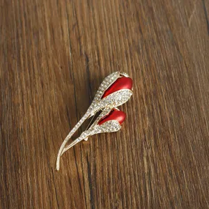 Elegant red rhinestone rose flower brooch pin in gold tone, perfect for daily wear and dates.