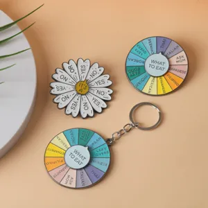 Fun food choice rotating turntable keychain and daisy enamel pin set, cute metal novelty gifts.