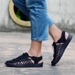 Sandalias tejidas negras unisex verano casual zapatos de playa transpirables de moda