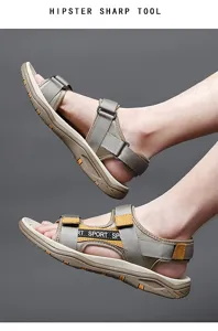 Close-up detail of mens outdoor hiking sandals with breathable straps and durable rubber sole.