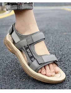 Men's outdoor sports sandals with gray webbing strap, breathable open toe and thick sole.