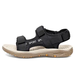 Close-up detail of outdoor sport sandals, adjustable hook-and-loop straps, durable grip sole.