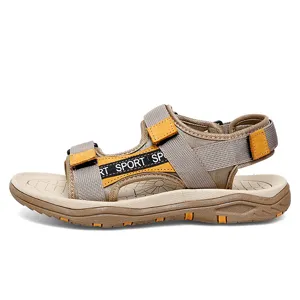 Men's outdoor casual sports sandals, khaki lightweight leather beach shoes with Velcro.