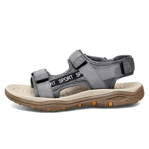 Close-up details of the gray outdoor sport sandal featuring adjustable hook-and-loop straps.